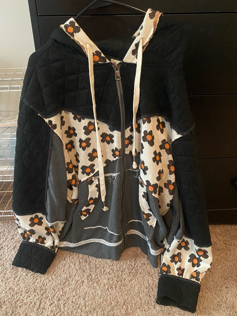 POL Black Quilted Zip Hoodie with Cream Floral Accents NWOT